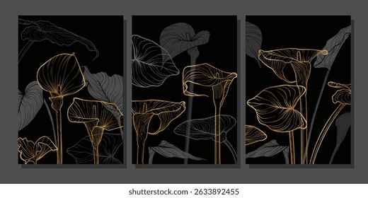 Black and gold luxurious vector card and invitation templates. Hand drawn calla lily flowers decorating these elegant print and online graphic assets. Set of A4 posters.
