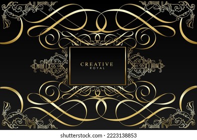 Black and gold luxury background. Golden wavy decorations, sinuous ornaments and ribbons. Elegant royal design
