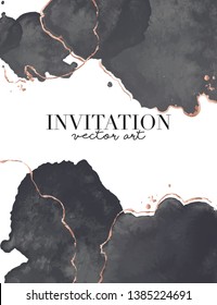 Black gold luxury design. Watercolor splash Vector vertical wedding invitation card with golden waves shapes. Trendy design for wedding ceremony. Can be used for cosmetics, spa, beauty salon