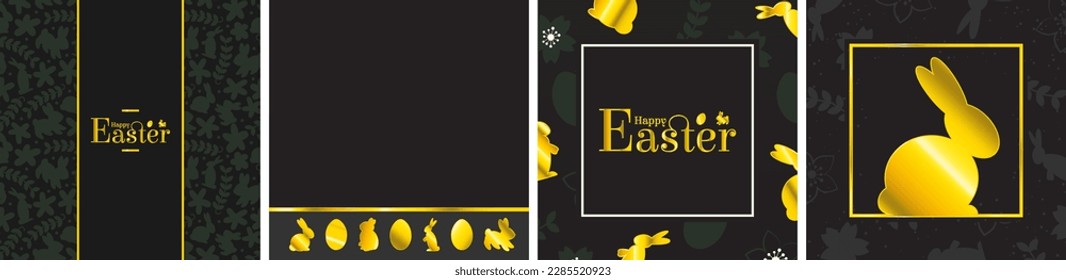 Plantillas de afiches de Pascua de lujo en negro y oro. Silueta de conejo dorado de Pascua con elementos florales y primaverales. Feliz tipografía de oro de Pascua. Ilustración vectorial. EPS 10.