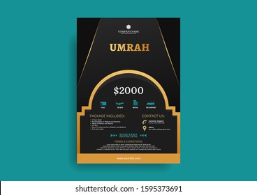 Black & Gold Luxury Hajj or Umrah flyer Template in A4 Size. Vector Islamic Background. This can be used to promote your Hajj or Umrah travel.