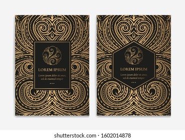 Black and gold luxury invitation card design. Vintage ornament template. Can be used for background and wallpaper. Elegant and classic vector elements great for decoration.