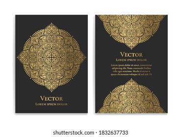 Black and gold luxury invitation card design with vector mandala. Vintage ornament template. Can be used for background and wallpaper. Elegant and classic vector elements great for decoration.