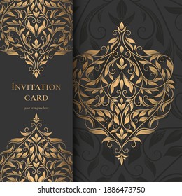 Black and gold luxury invitation card design. Vintage ornament template. Can be used for background and wallpaper. Elegant and classic vector elements great for decoration.