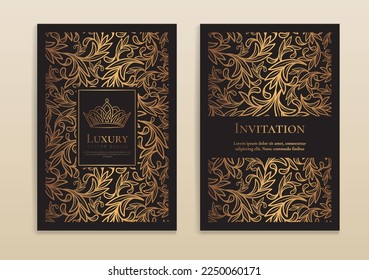 Black and gold luxury invitation card design with vector ornament pattern. Vintage template. Can be used for background and wallpaper. Elegant and classic vector elements great for decoration.