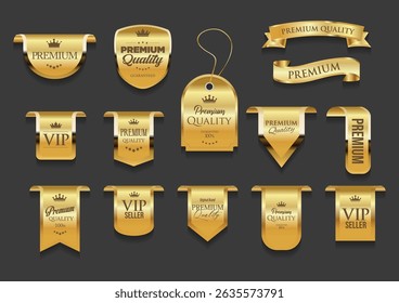 black and gold luxury labels and badges gold premium quality certificate ribbons vector illustration