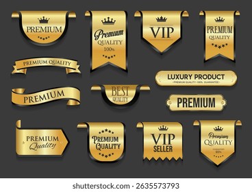 black and gold luxury labels and badges gold premium quality certificate ribbons vector illustration
