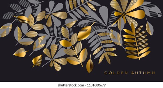 Black and gold luxury leaves pattern vector illustration. Geometric autumn elegant element for header, card, invitation, poster, cover and other web and print design projects 
