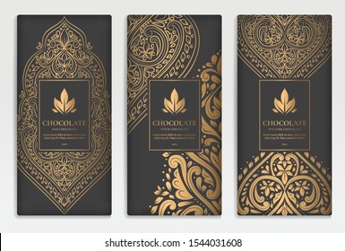 Black and gold luxury packaging design of chocolate bars. Vintage vector ornament template. elegant, classic elements. Can be used for background, wallpaper or any desired idea.