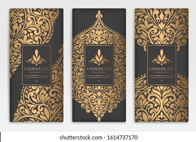 Black and gold luxury packaging design of chocolate bars. Vintage vector ornament template. elegant, classic elements. Can be used for background, wallpaper or any desired idea.