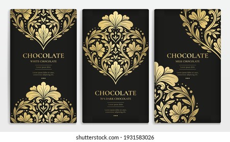 Black and gold luxury packaging design of chocolate bars. Elegant vector ornament template. Great for food, drink and other package types. Can be used for background and wallpaper.