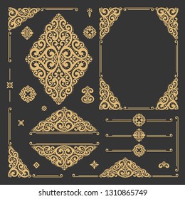 Black and gold luxury vector set of vintage elements. Elegant, classic pattern. Great for logo, monogram, invitation, flyer, menu, brochure, emblem, packaging, background or any desired idea.