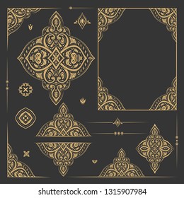 Black and gold luxury vector set of vintage elements. Elegant, classic pattern. Great for logo, monogram, invitation, flyer, menu, brochure, emblem, packaging, background or any desired idea.