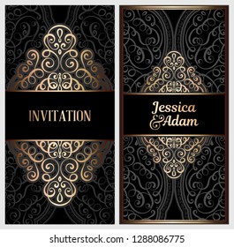 Black and gold luxury wedding invitation card with golden shiny eastern and baroque rich foliage. Ornate islamic background for your design. Islam, Arabic, Indian, Dubai