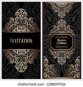 Black and gold luxury wedding invitation card with golden shiny eastern and baroque rich foliage. Ornate islamic background for your design. Islam, Arabic, Indian, Dubai