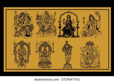 Negro y oro Muchos Diseños de arte de diseño diferentes de Durga Devi