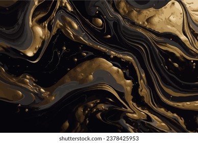 Fondo abstracto de mármol negro y dorado. Pintura acrílica decorativa vertiendo textura de mármol de roca. Patrón abstracto horizontal negro y ondulado dorado.