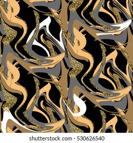 Black and gold marble floor seamless texture tile. Dark chaotic marbled paint stains background.