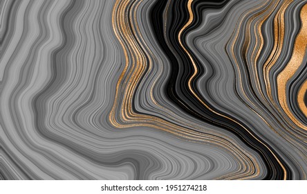 Black gold marble. Luxurious background abstract decoration, gold pattern, halftone gradients, 3d vector illustration. Black, white, gold waves Cover template, geometric shapes, modern minimal banner.