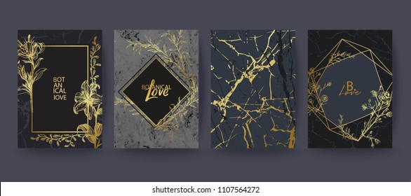 Black and gold marble texture card. Botanical wedding invitation design. Floral, geometric frame.
