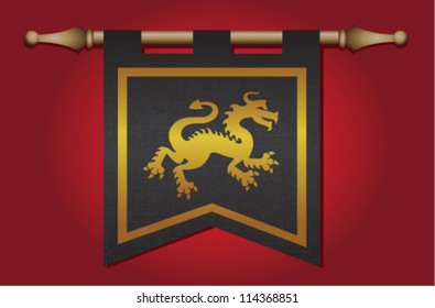 Black and gold medieval banner flag with cloth texture and symbol of a dragon