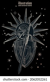 black and gold medieval shield with artistic strokes with helmet and sun