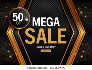 Black and Gold Mega Sale 50 percent Off Banner Template for Social Media, Perfect for Department Stores and Brand Promotions, Vertical Marketing Poster for Product Sale Ads.