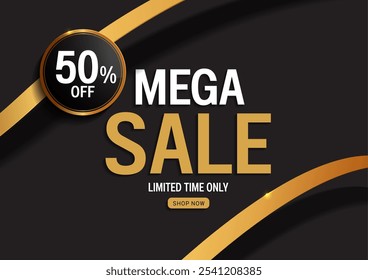 Black gold mega venda 50percent off, modelo de banner, perfeito para promoções de lojas de departamento. cartaz de marketing para anúncios de venda de produtos de mídia social, ilustração Vetor, não gerado por IA