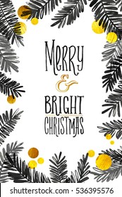 Black and Gold Merry Christmas Card. Golden Shiny Glitter and Watercolor Tree Branches. Calligraphy Greeting Poster Template. Isolated White Background. Glowing Illustration.