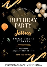 Black Gold Modern Birthday Party Invitation: Golden ballons!