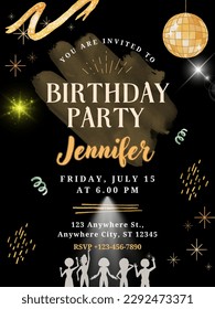 Black Gold Modern Birthday Party Invitation: Disco ball!
