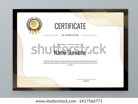 Black and gold modern certificate template for corporate, achievement, diploma, award, graduation, completion, appreciation, acknowledgement, recognition etc