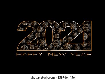 Black and gold New Year background. Happy New Year 2021 logo text design. Cover of business diary for 2021 with wishes. Brochure design template, card, banner. Vector illustration.