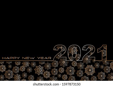 Black and gold New Year background. Happy New Year 2021 logo text design. Cover of business diary for 2021 with wishes. Brochure design template, card, banner. Vector illustration.