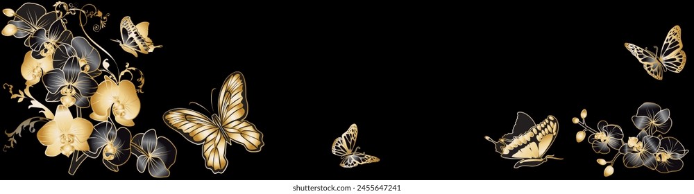 black and gold orchids with a butterfly on a black background