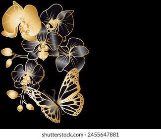 black and gold orchids with a butterfly on a black background