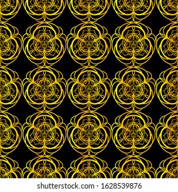 Black and gold ornamental seamless pattern. Vintage elements. Art deco damask design. Retro design for beauty spa salon, wrapping paper, ornaments, gift packaging, backdrop.