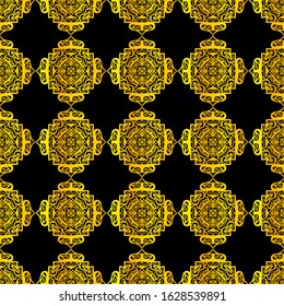 Black and gold ornamental seamless pattern. Vintage elements. Art deco damask design. Retro design for beauty spa salon, wrapping paper, ornaments, gift packaging, backdrop.