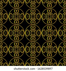 Black and gold ornamental seamless pattern. Vintage elements. Art deco damask design. Retro design for beauty spa salon, wrapping paper, ornaments, gift packaging, backdrop.