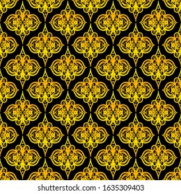Black and gold ornamental seamless pattern. Vintage elements. Art deco damask design. Retro design for beauty spa salon, wrapping paper, ornaments, gift packaging, backdrop.