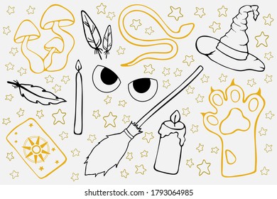 Black and gold outlined black magic vector elements. Witchcraft sticker pack with main witch equipment. EPS 10