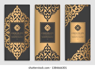 Black and gold packaging design of chocolate bars. Vintage vector ornament template. elegant, classic elements. Can be used for background, wallpaper or any desired idea.