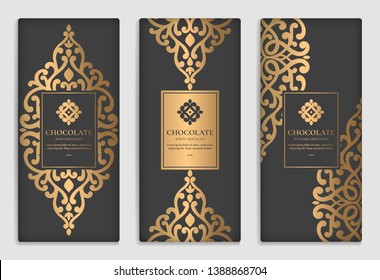 Black and gold packaging design of chocolate bars. Vintage vector ornament template. elegant, classic elements. Can be used for background, wallpaper or any desired idea.