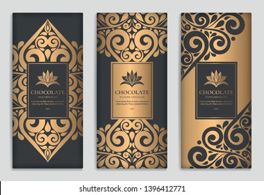 Black and gold packaging design of chocolate bars. Vintage vector ornament template. elegant, classic elements. Can be used for background, wallpaper or any desired idea.