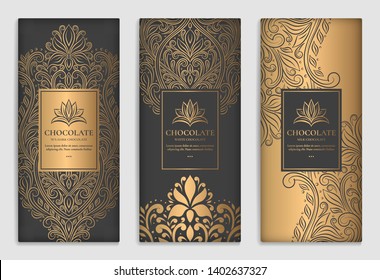 Black and gold packaging design of chocolate bars. Vintage vector ornament template. elegant, classic elements. Can be used for background, wallpaper or any desired idea.