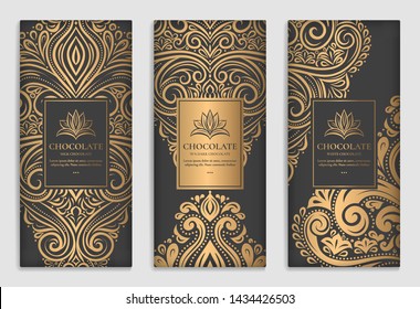 Black and gold packaging design of chocolate bars. Vintage vector ornament template. elegant, classic elements. Can be used for background, wallpaper or any desired idea.