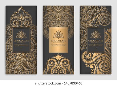 Black and gold packaging design of chocolate bars. Vintage vector ornament template. elegant, classic elements. Can be used for background, wallpaper or any desired idea.