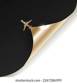 Black and gold paper airplane turning page vector illustration. Paper airplane curling corner of the sheet of paper advert concept.