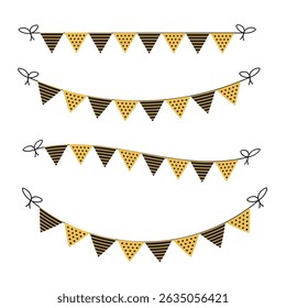 Black and gold party pennants chain. Celebration decorative, elements. Vector illustration	