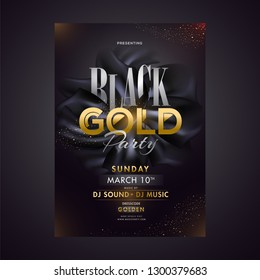 Black gold party template or poster design with date, time and venue details.